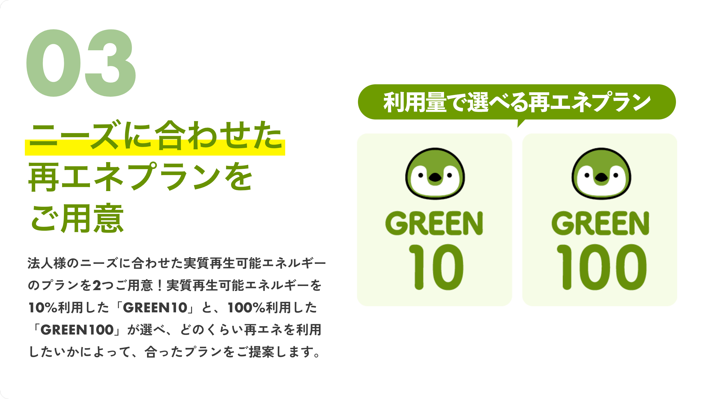 03ニーズに合わせた再エネプランをご用意法人様のニーズに合わせた実質再生可能エネルギーのプランを2つご用意！実質再生可能エネルギーを10%利用した「GREEN10」と、100%利用した「GREEN100」が選べ、どのくらい再エネを利用したいかによって、合ったプランをご提案します。利用量で選べる再エネプランGREEN10GREEN100