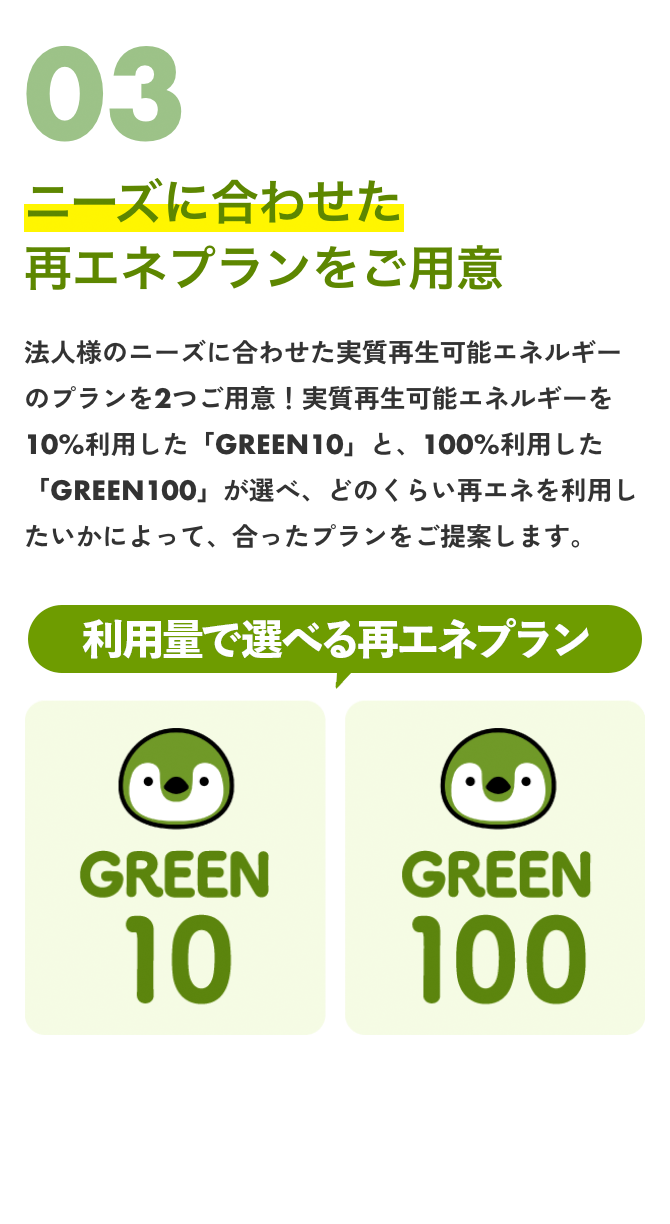 03ニーズに合わせた再エネプランをご用意法人様のニーズに合わせた実質再生可能エネルギーのプランを2つご用意！実質再生可能エネルギーを10%利用した「GREEN10」と、100%利用した「GREEN100」が選べ、どのくらい再エネを利用したいかによって、合ったプランをご提案します。利用量で選べる再エネプランGREEN10GREEN100